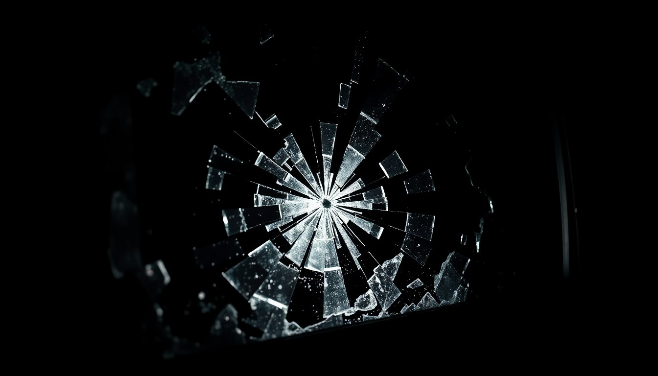 An extreme close-up photograph of shattered glass, capturing the harsh, gritty aftermath of a police-involved incident in Baltimore.