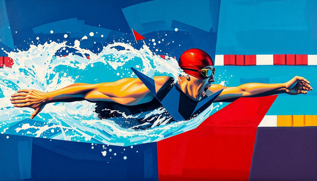 A fractured, multi-perspective painting depicting the motion and energy of a swimmer in competition, with sharp geometric planes in vibrant blues, teals, and reds.