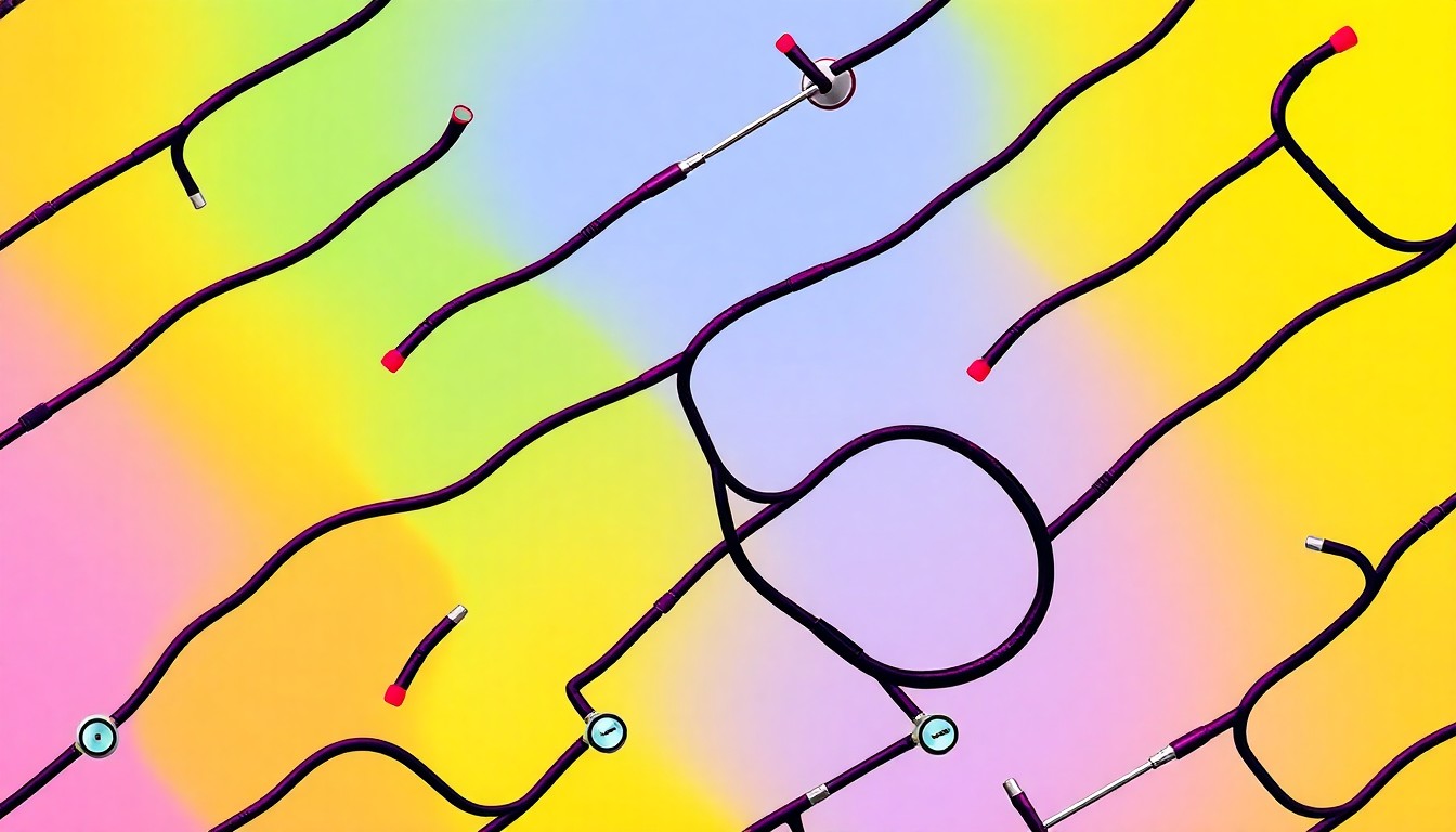 A bold, colorful silkscreen-style illustration featuring a repeating pattern of a stethoscope, conceptually representing the medical and nursing profession's vital role in supporting student health and wellness.