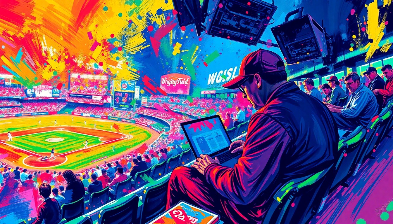 An abstract, expressionist painting in vibrant neon colors, capturing the energy and movement of a baseball game, with a fan working on a laptop in the stands dissolving into unrecognizable brushstrokes.