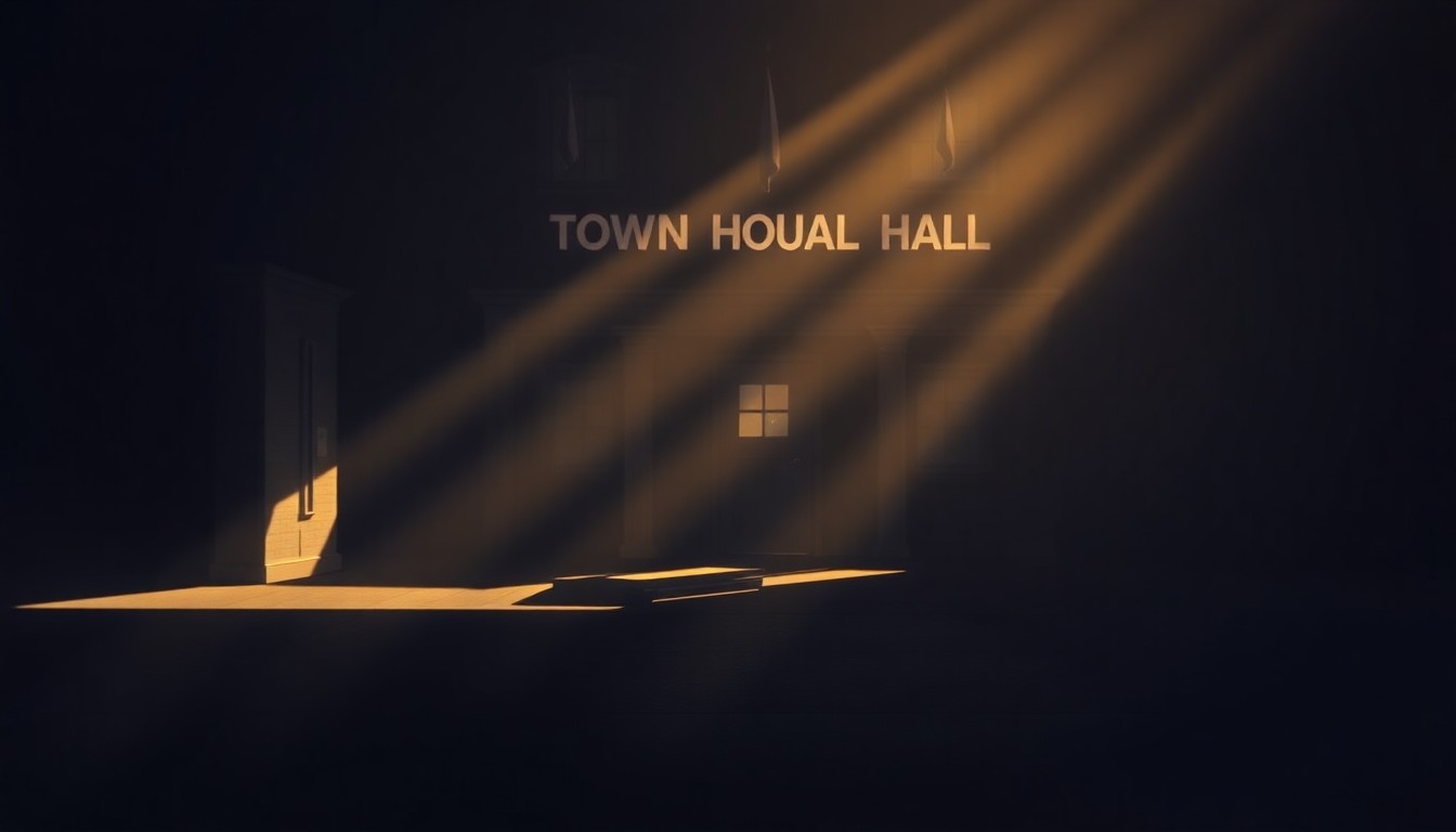 A serene, photorealistic painting of an empty town hall or municipal building, with warm sunlight streaming through the windows and deep shadows cast across the facade, conveying a sense of quiet contemplation and the weight of governmental decision-making.