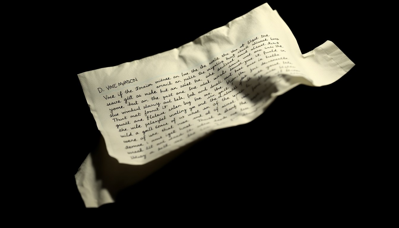 An extreme close-up photograph of a crumpled piece of paper with handwritten text, lit by a harsh, direct camera flash against a pitch-black background, conceptually representing the legal documents detailing the allegations against Vince McMahon.