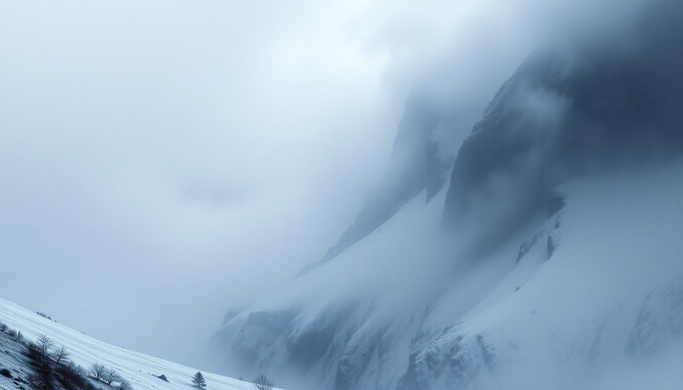 A vast, atmospheric landscape painting in muted tones of white, grey, and blue, with the details of the mountainous terrain obscured by a heavy snowstorm, conveying the overwhelming scale and power of the natural world.