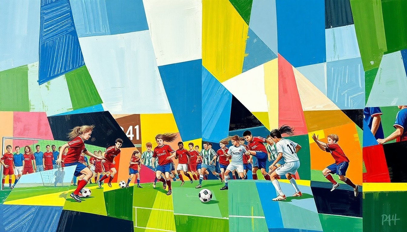 A cubist, geometric painting depicting a high school soccer match, with the players and field broken down into overlapping planes of bright colors representing the competing teams.