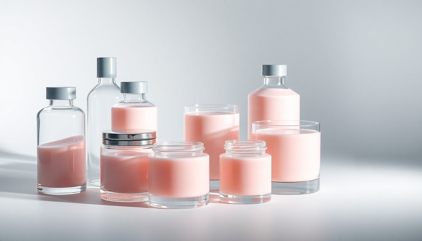 A high-end, photorealistic studio still-life photograph featuring a collection of premium, polished glass bottles and jars filled with a pale pink, viscous liquid, symbolizing the advanced encapsulated salicylic acid formulations. The objects are arranged elegantly on a clean, white seamless background, using sharp, dramatic studio lighting and deep shadows to represent the scientific precision and stability of these skincare ingredients.