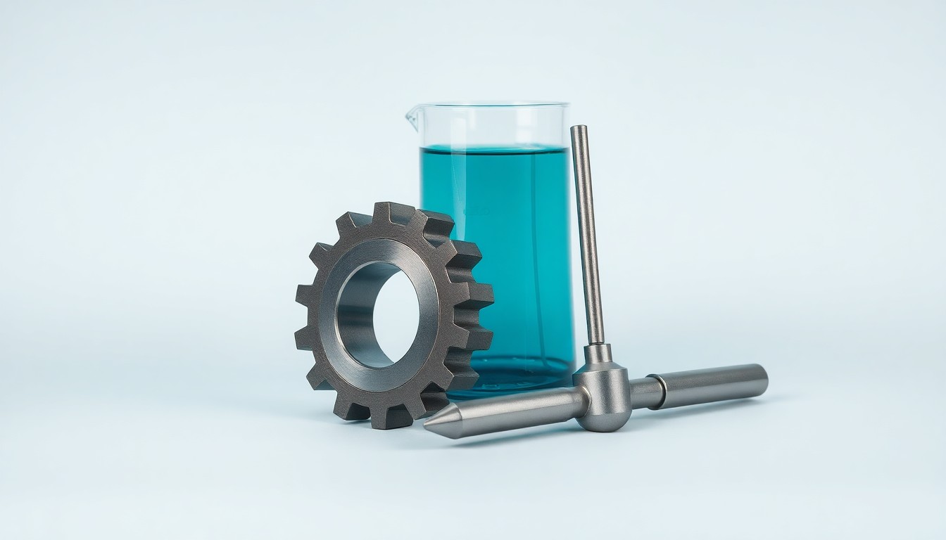 A high-end, photorealistic studio still-life photograph featuring a polished metal gear, a glass beaker filled with a vibrant blue-green liquid, and a sleek metal tool arranged elegantly against a clean, monochromatic background, conceptually representing the precision and innovation of the emulsifiable metalworking fluid industry.