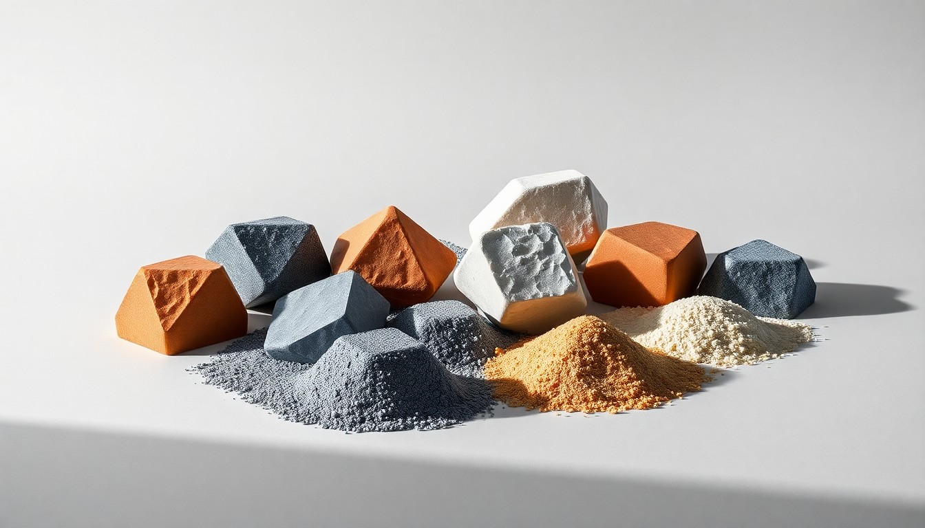 A high-end, photorealistic studio still-life photograph featuring a collection of polished, geometric polymeric sand samples in various colors arranged elegantly on a clean, monochromatic seamless background, conceptually representing the abstract concepts of durable hardscaping materials, weather resistance, and outdoor living trends.