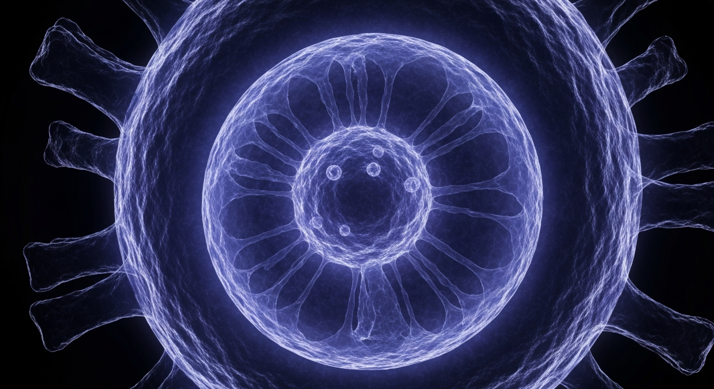 A translucent, ghostly X-ray image showing the intricate internal structure of a measles virus particle, glowing in shades of blue and purple against a dark background, conceptually illustrating the public health concerns around this outbreak.