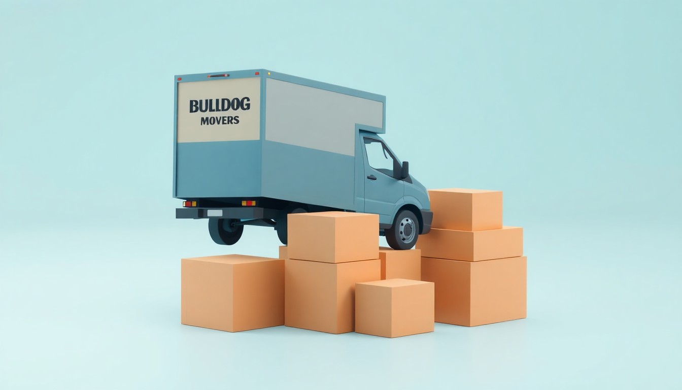 A stylized, isometric 3D illustration depicting a miniature moving truck and boxes in bold, vibrant colors, representing the professional and reliable moving services of Bulldog Movers.