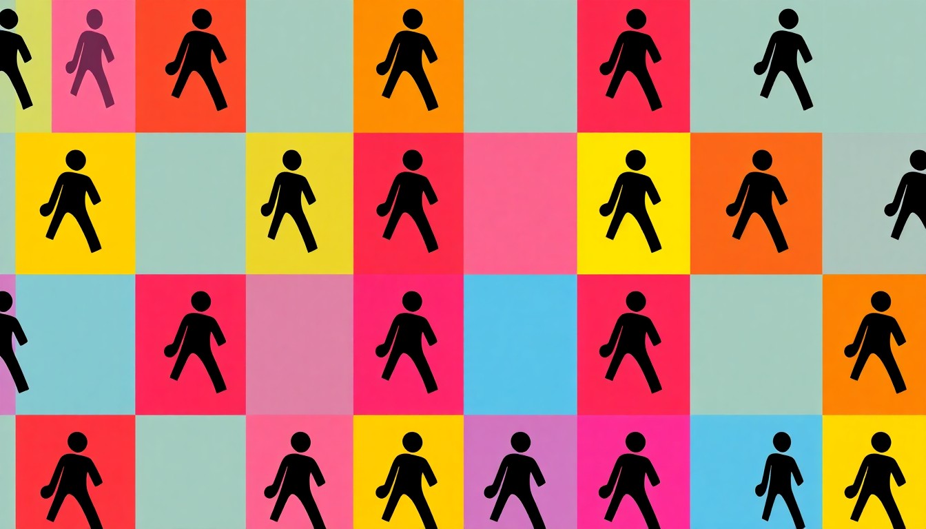 A brightly colored, high-contrast silkscreen print of a crosswalk symbol repeated in a tight grid pattern, conceptually representing the community's demand for improved pedestrian infrastructure.