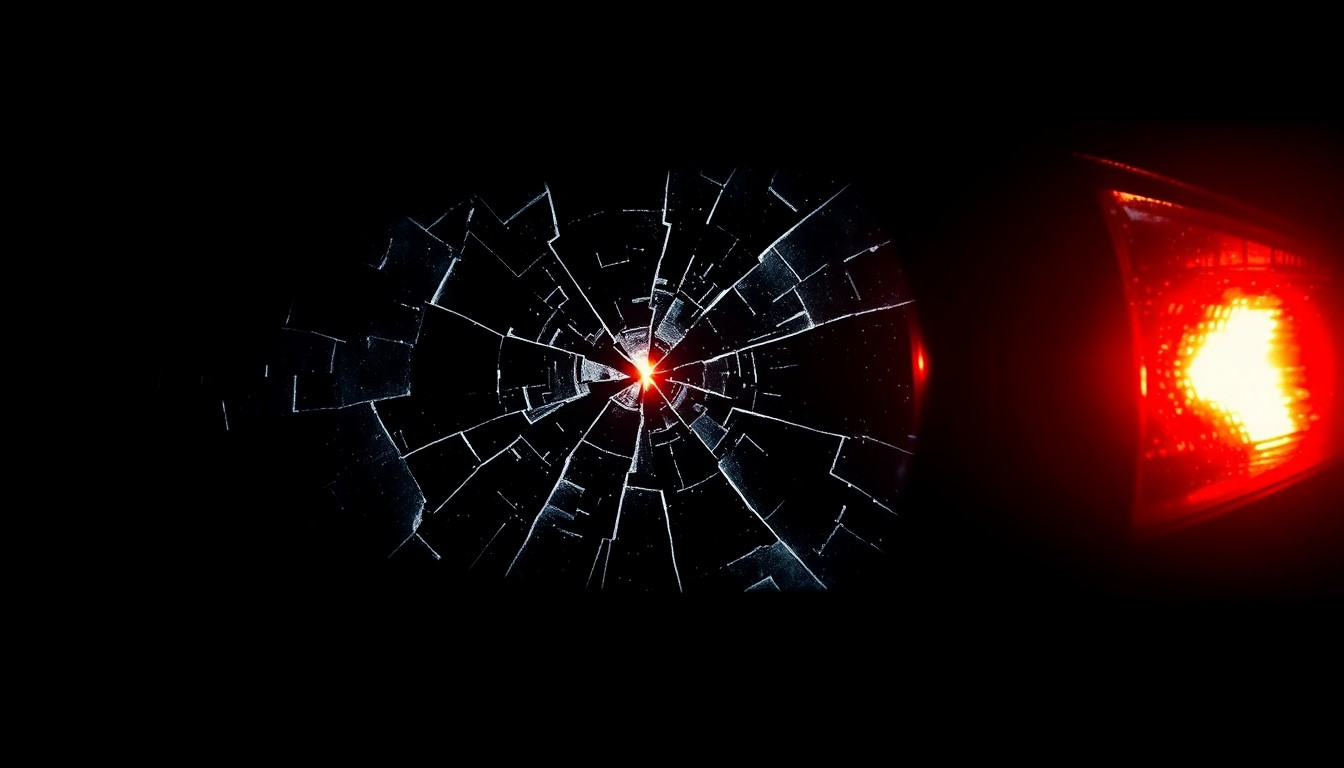An extreme close-up of a shattered car sensor lens reflecting a faint red light, conceptually illustrating the vandalism of self-driving cars.
