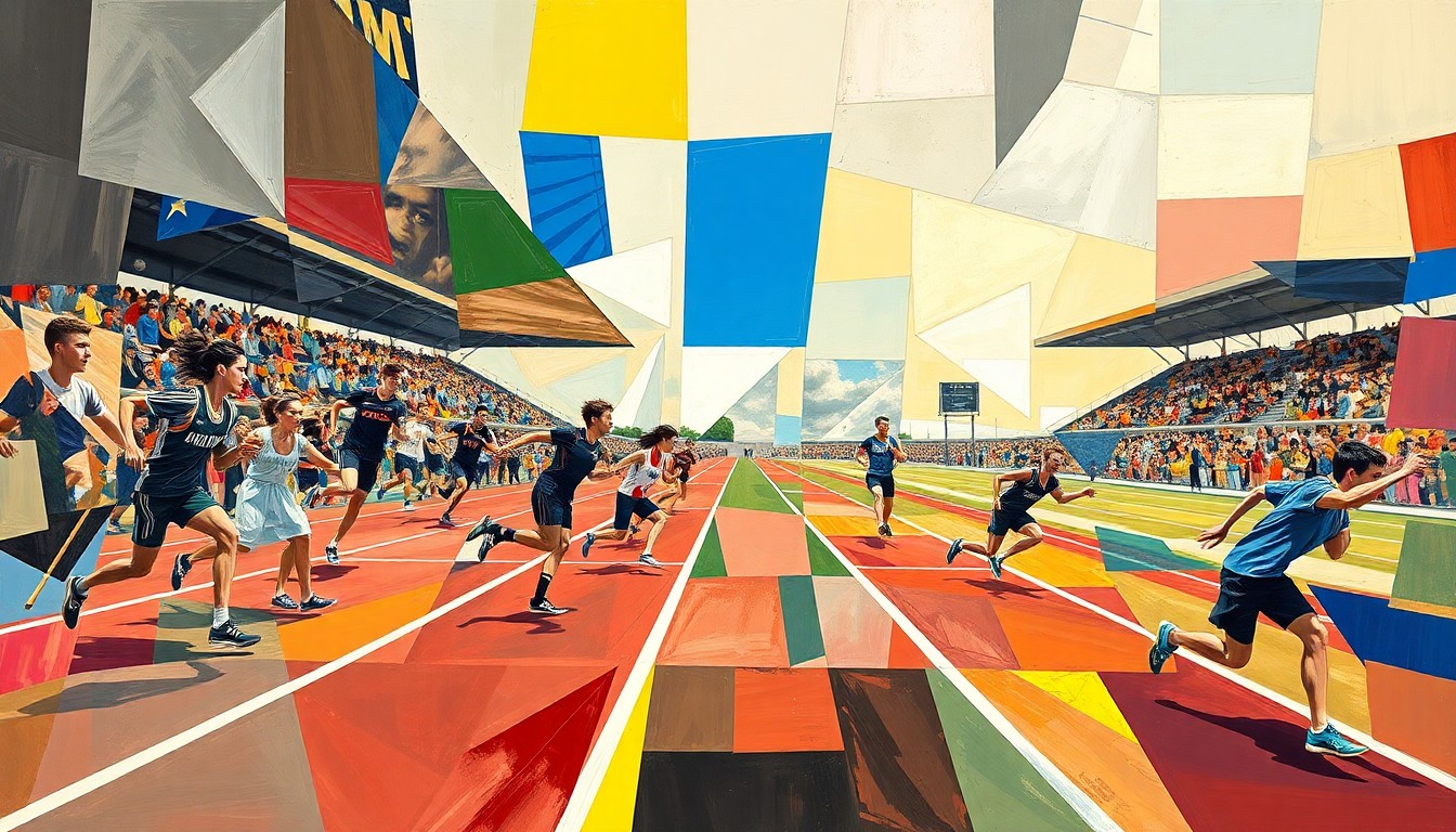 A dynamic, fragmented painting depicting the motion and energy of a high school track and field competition, with sharp, overlapping geometric shapes and planes of color representing the explosive speed and power of the athletes.