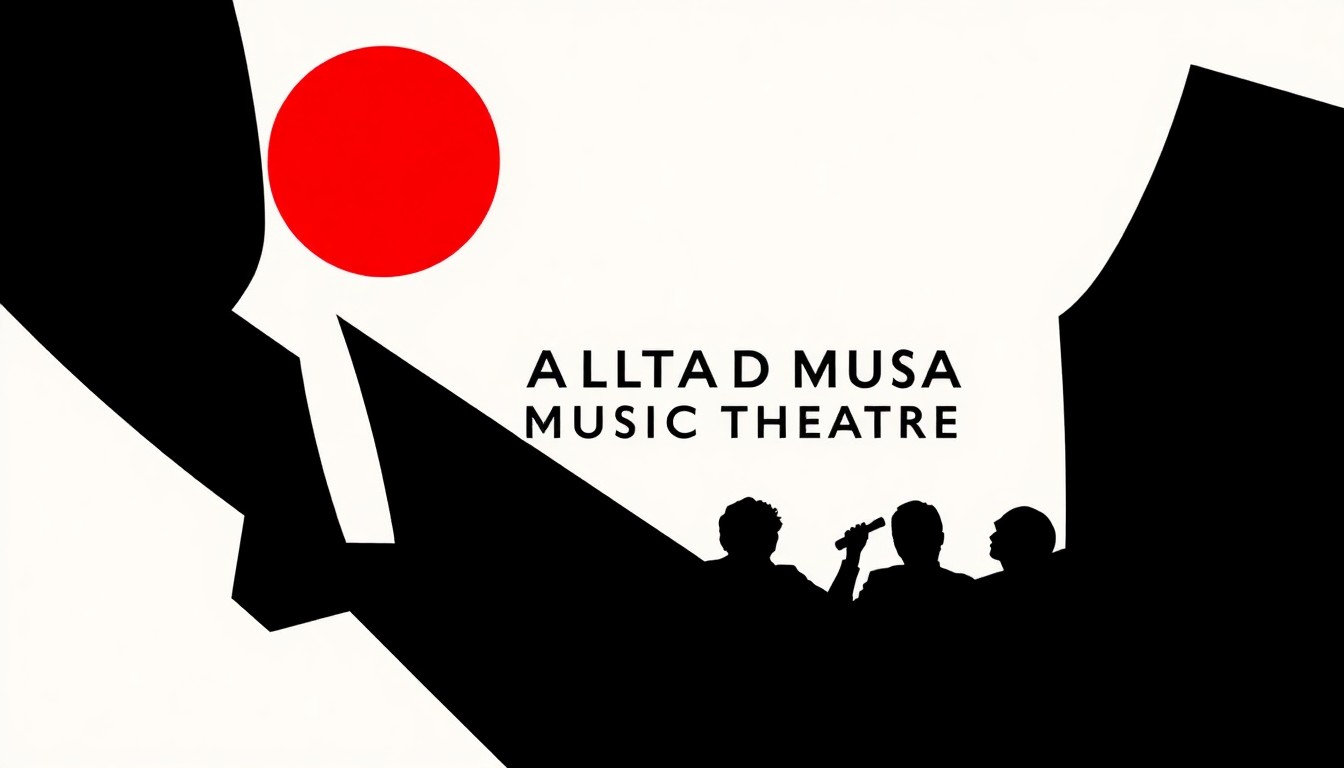 A striking abstract composition of jagged black silhouettes and bold red and white shapes, conceptually representing the Altadena Music Theatre and its upcoming benefit concert.