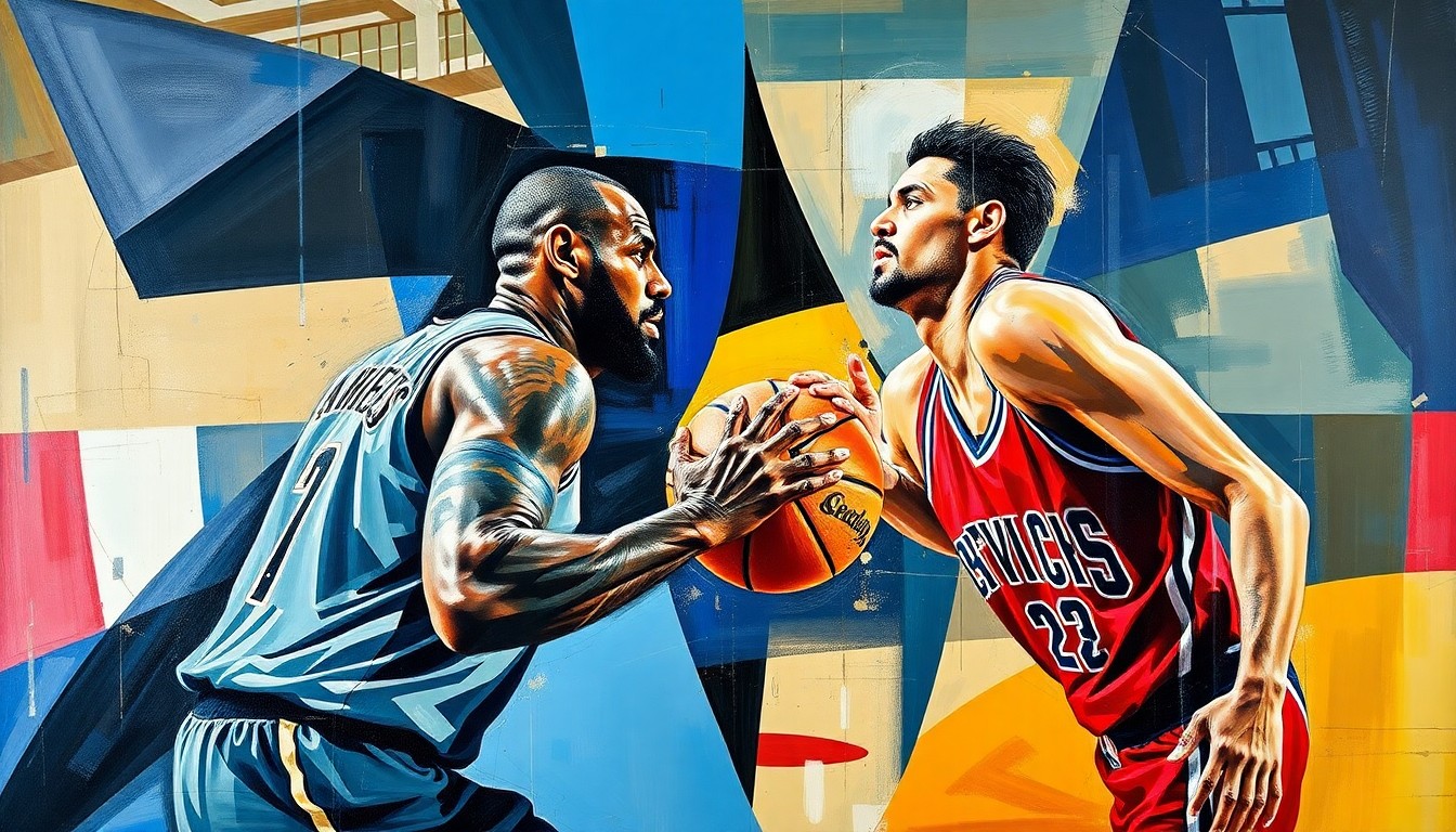 A cubist, geometric painting depicting the action of a basketball game, with overlapping planes and shapes representing the players and the court, conveying the uncertainty and fragmentation surrounding Luka Doncic's injury and its impact on the Lakers' season.