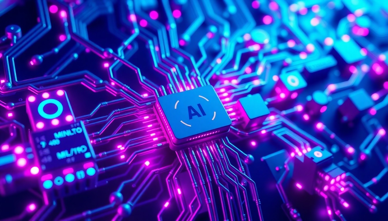 A highly detailed 3D illustration of glowing, interconnected cybernetic hardware components in shades of neon blue, purple, and magenta, conceptually representing the complex and interconnected nature of Microsoft's new AI models and the need for robust security measures.