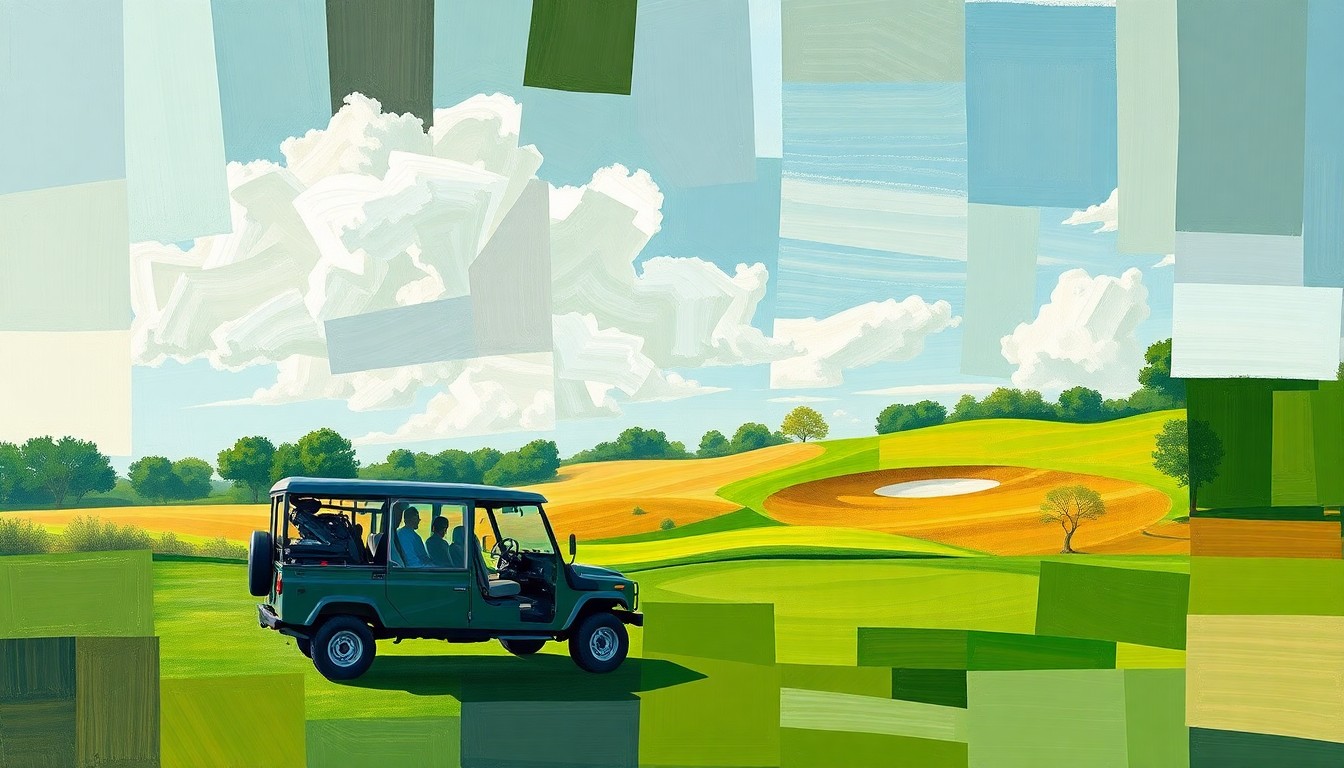 A cubist-style painting depicting a fractured, multi-perspective view of a golf course scene with a vehicle in the foreground, rendered in muted tones of green, brown, and gray.