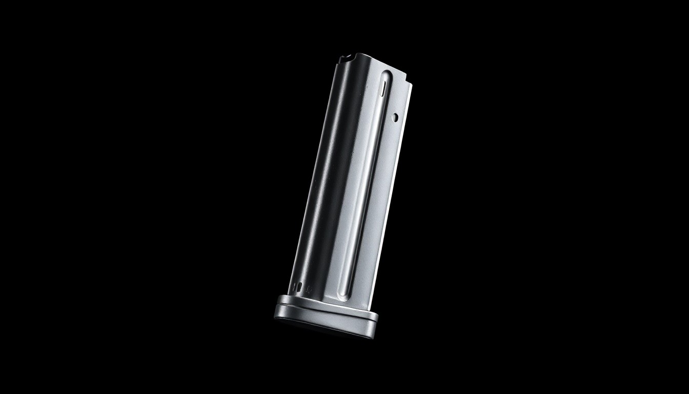 An extreme close-up of a shiny metal handgun magazine reflecting a harsh, direct camera flash, conceptually representing the violent criminal allegations against the rapper.
