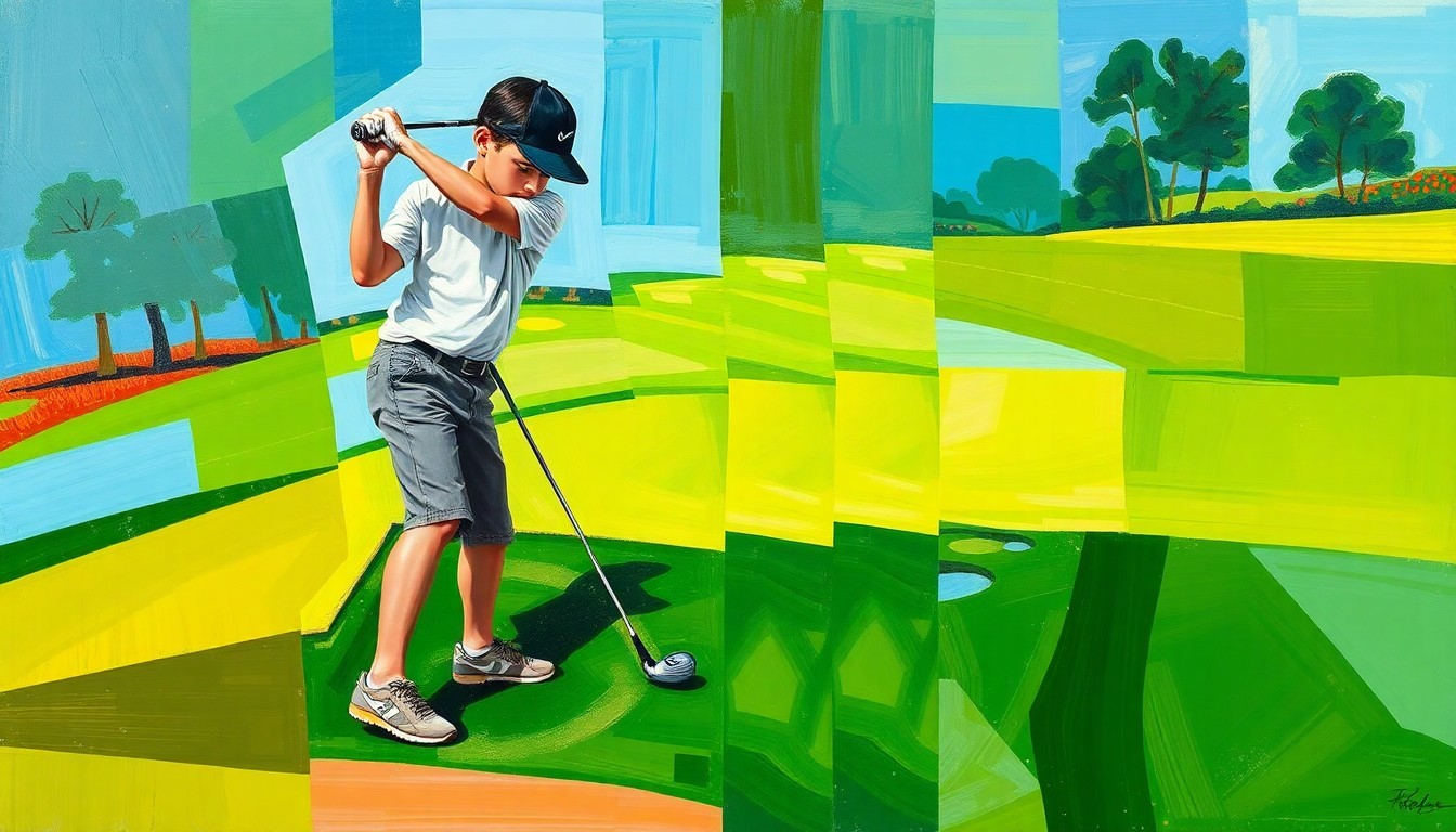 A fractured, multi-perspective painting in bold, geometric shapes and colors, depicting the dynamic movements of a young golfer's swing and putting stroke.