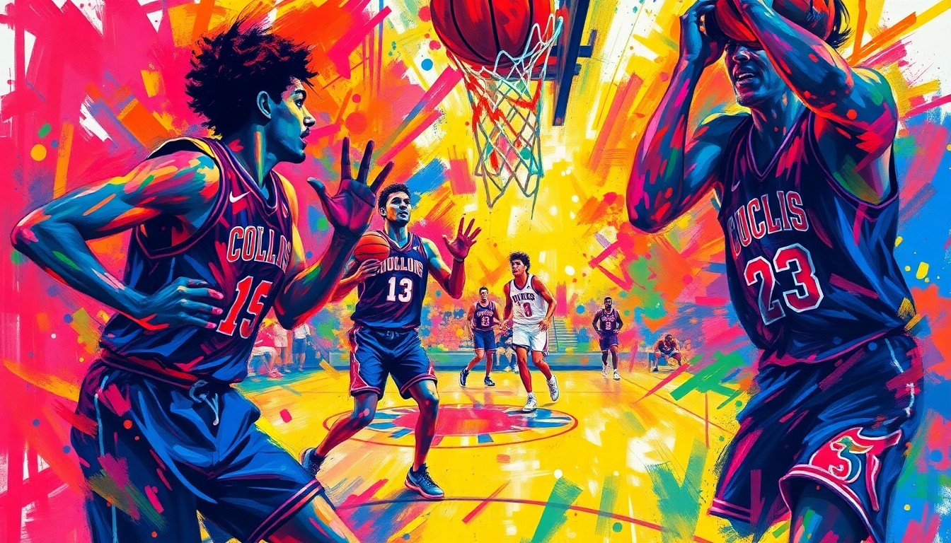 An abstract, energetic painting in vibrant neon colors capturing the raw intensity and emotion of a college basketball game, with players' faces and uniforms obscured into unrecognizable splatters of paint.