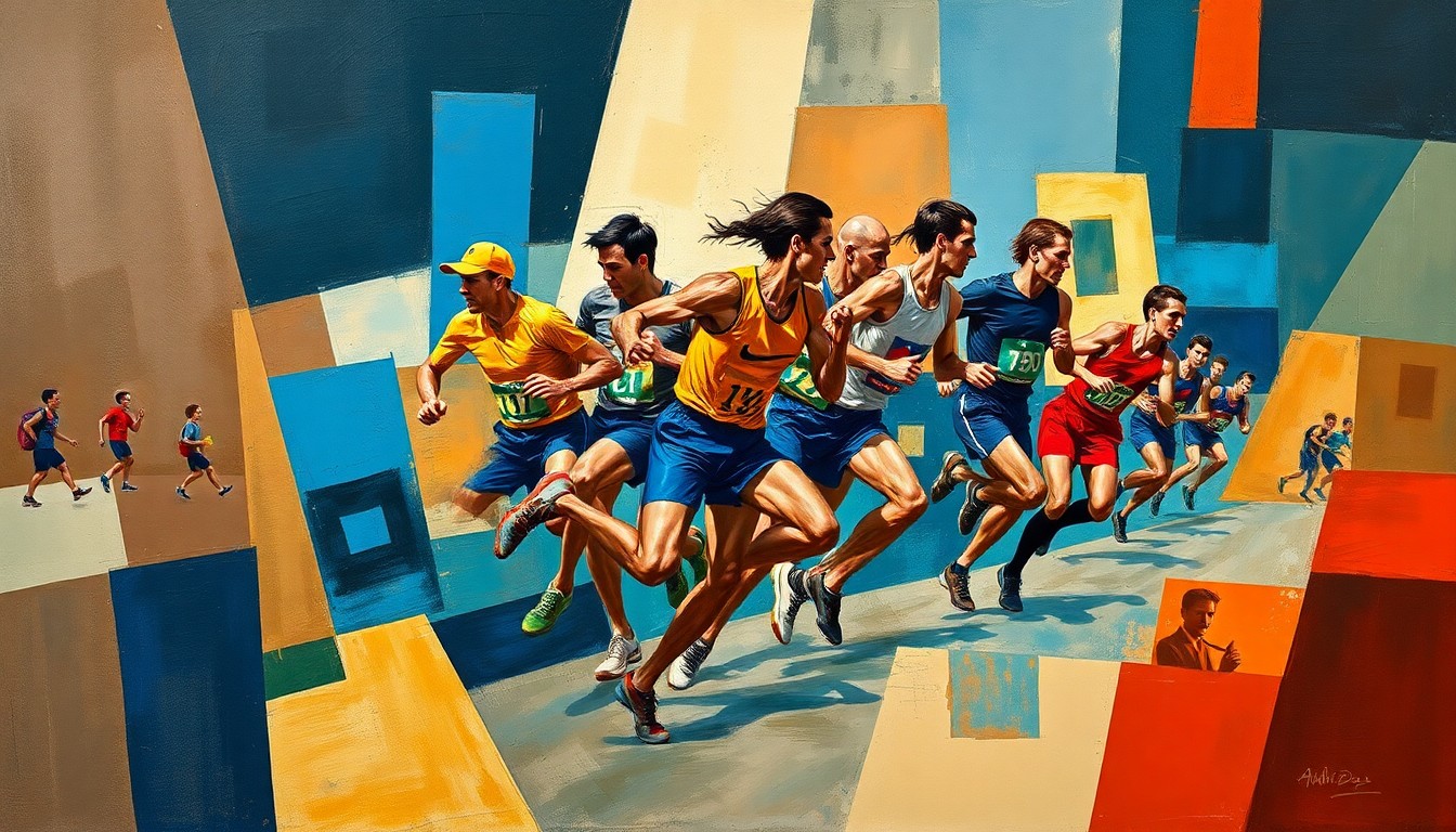 A cubist, geometric painting depicting a running race or competition, with overlapping planes of color in shades of blue, brown, and red, conveying the dynamic energy and movement of the event.