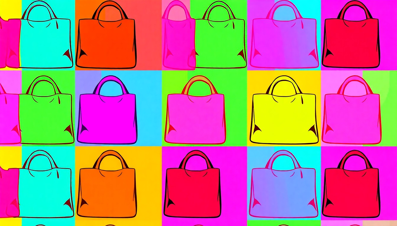 A highly stylized, abstract grid of brightly colored, silkscreen-like images of a reusable grocery bag, conceptually representing the celebratory energy and community-focused values of a local natural food cooperative.