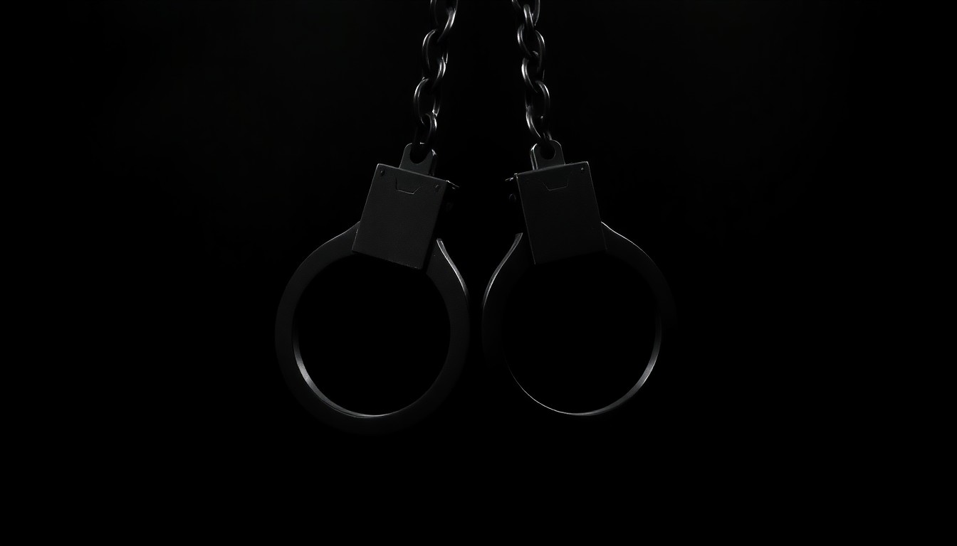 An extreme close-up photograph of a pair of handcuffs against a pitch-black background, lit by a harsh, direct camera flash, conceptually representing the investigative nature of the criminal case.