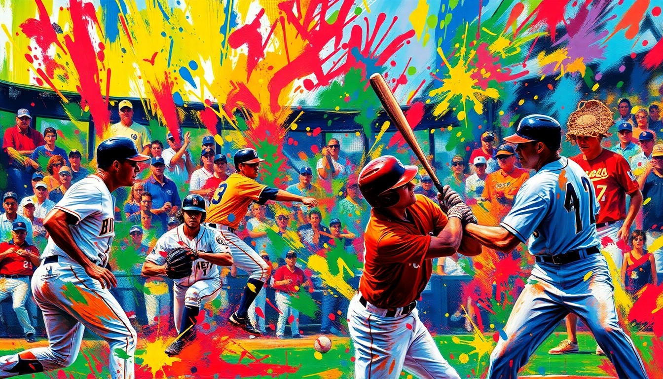 A dynamic, expressionist painting in neon colors depicting the energy and motion of a baseball game, with players' forms breaking down into vibrant brushstrokes.
