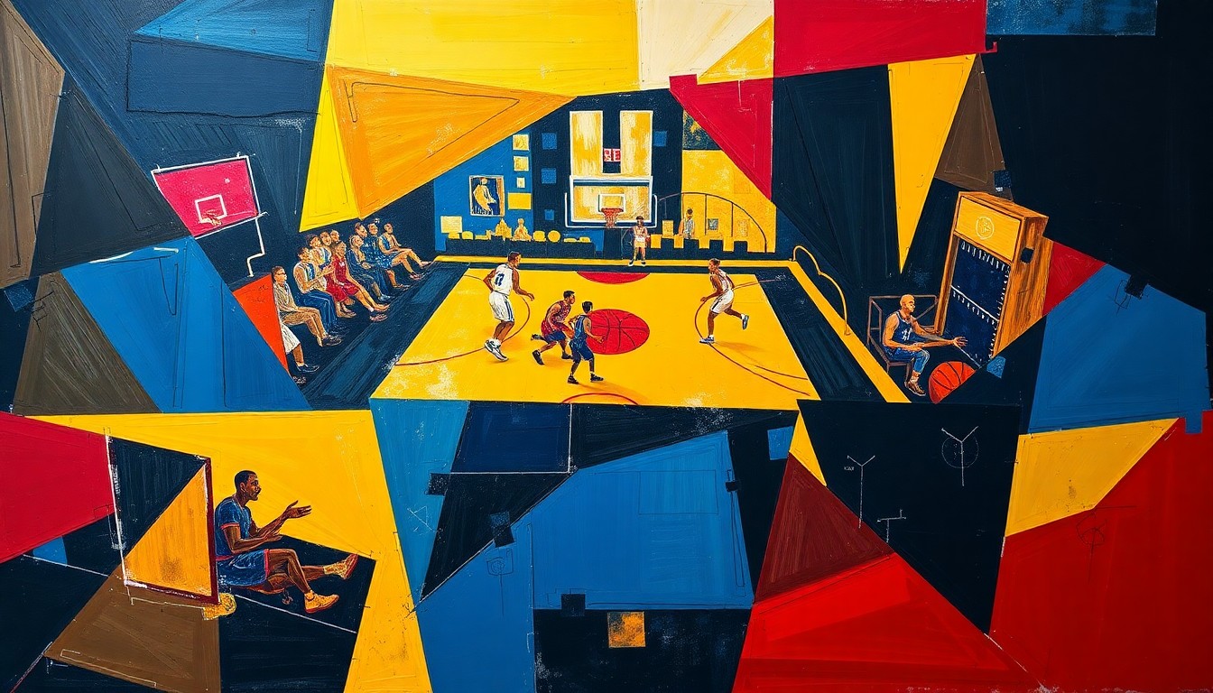 A fragmented, geometric painting depicting the dynamic movements and energy of a basketball game, with sharp planes of navy, yellow, and red intersecting to create a sense of motion and intensity.