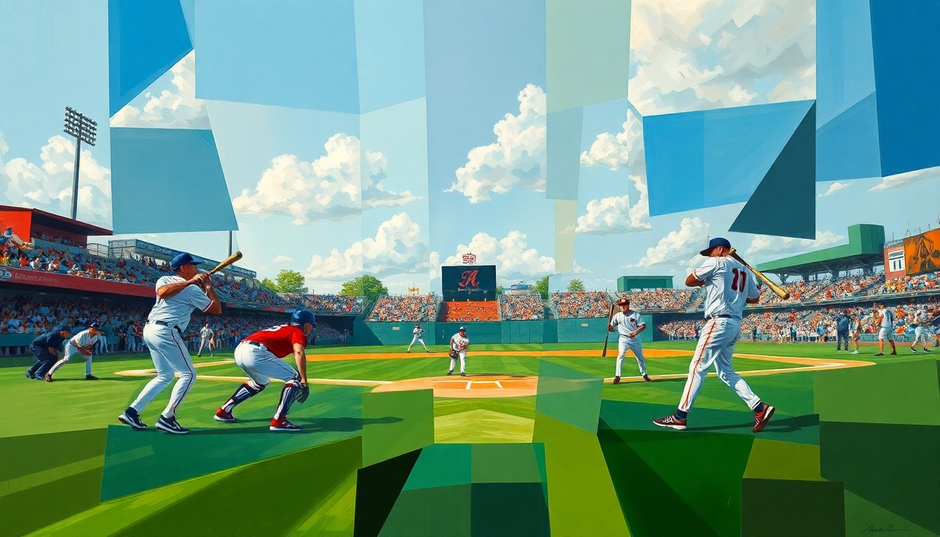 A cubist, geometric painting depicting a high school baseball game, with players, bats, and the field broken down into sharp, overlapping planes of color and shape, conceptually representing the dynamic action and energy of the game.