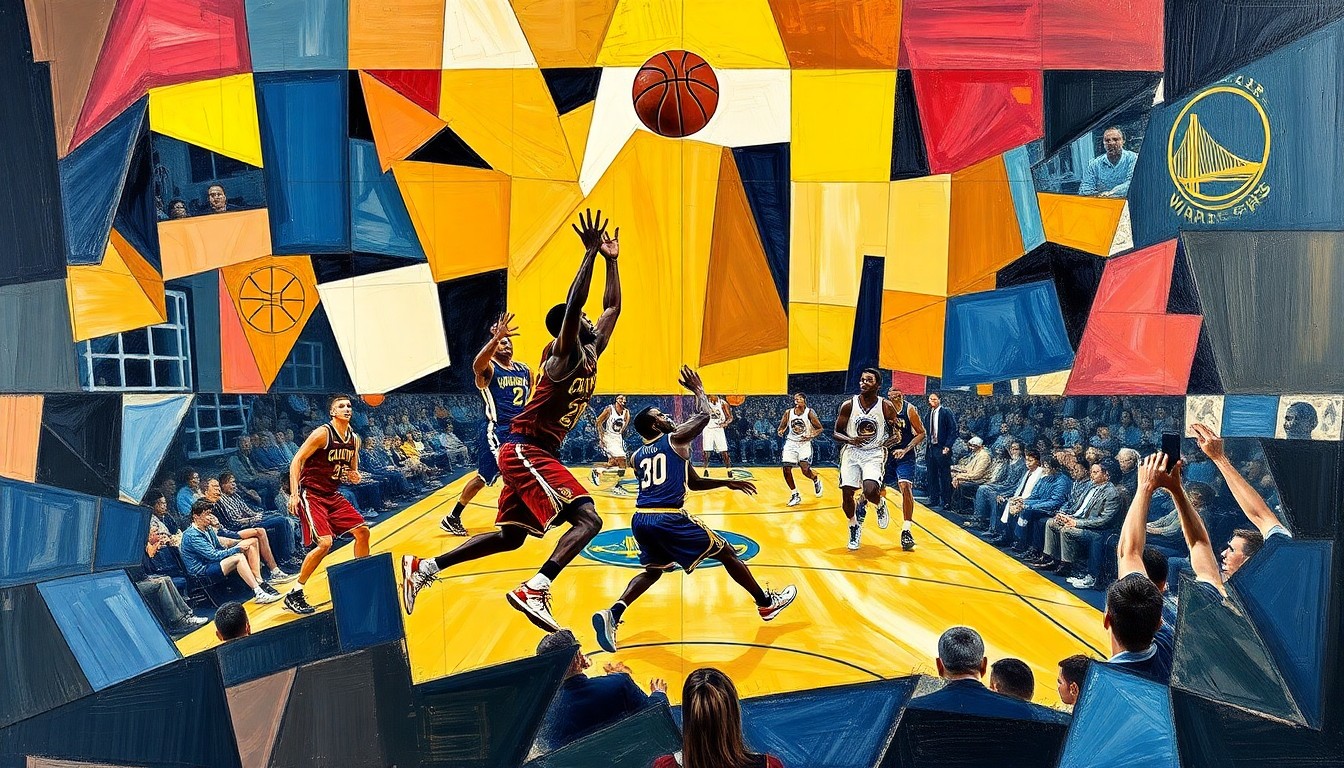 A fragmented, geometric painting depicting the motion and energy of a basketball game, with players' forms broken down into overlapping planes of color and shape.