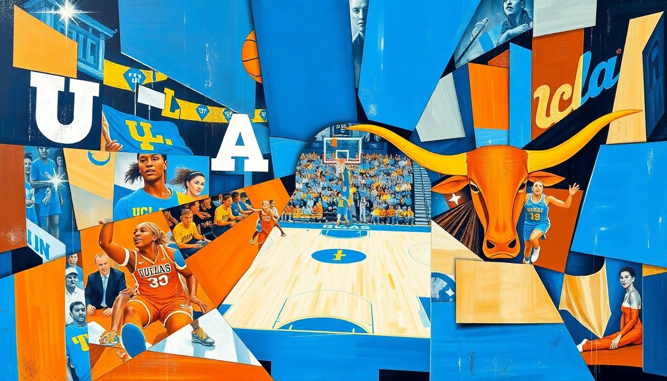 A fractured, cubist-style painting depicting a women's basketball game, with the players and court broken down into sharp, overlapping geometric shapes in the colors of UCLA and Texas.
