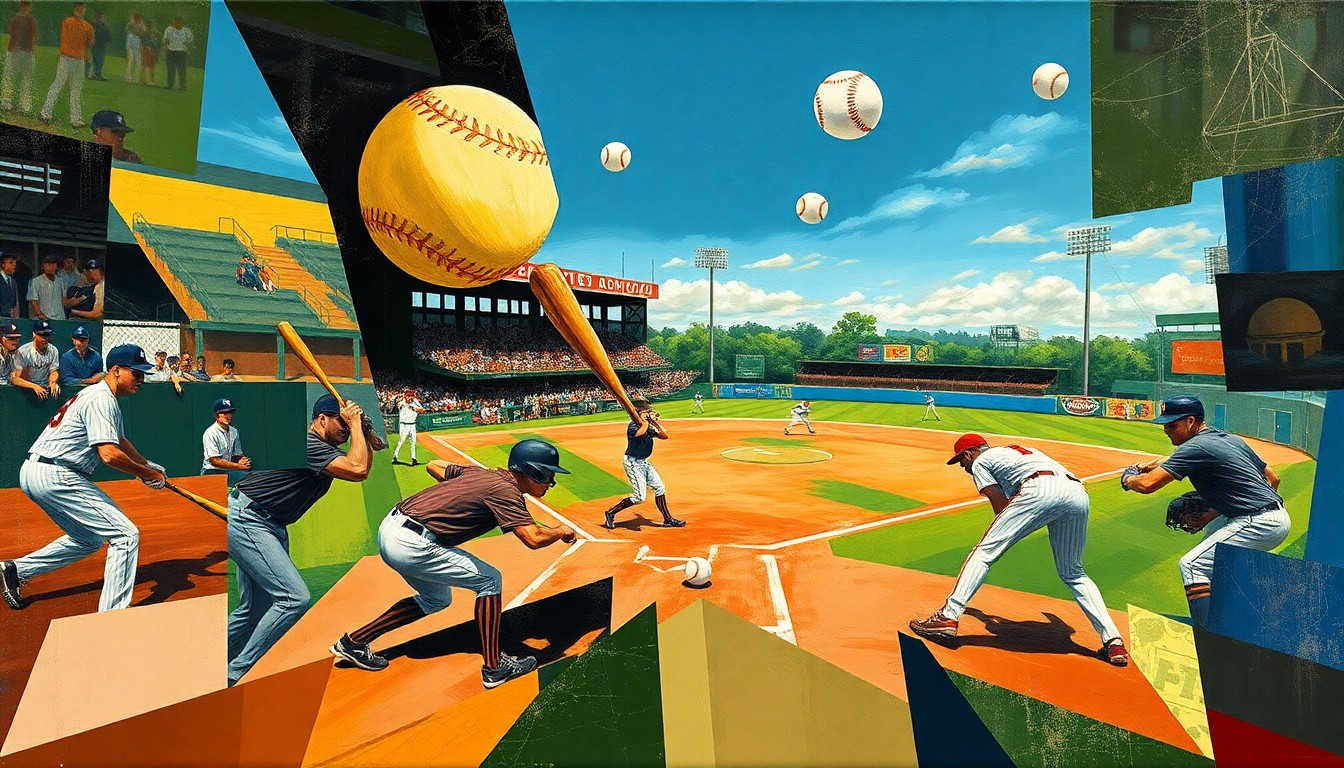 A fragmented, geometric painting depicting the dynamic movements and energy of a high school baseball game, with players, bats, and baseballs rendered in an abstract, cubist style.