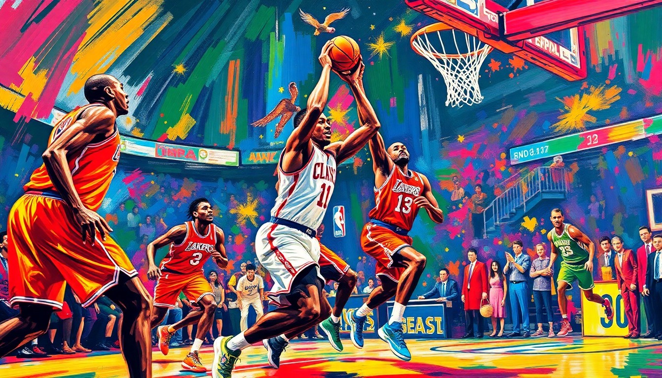 An abstract painting in vibrant neon colors, with loose, expressive brushstrokes capturing the energy and intensity of a basketball game, without any clearly defined figures or details.