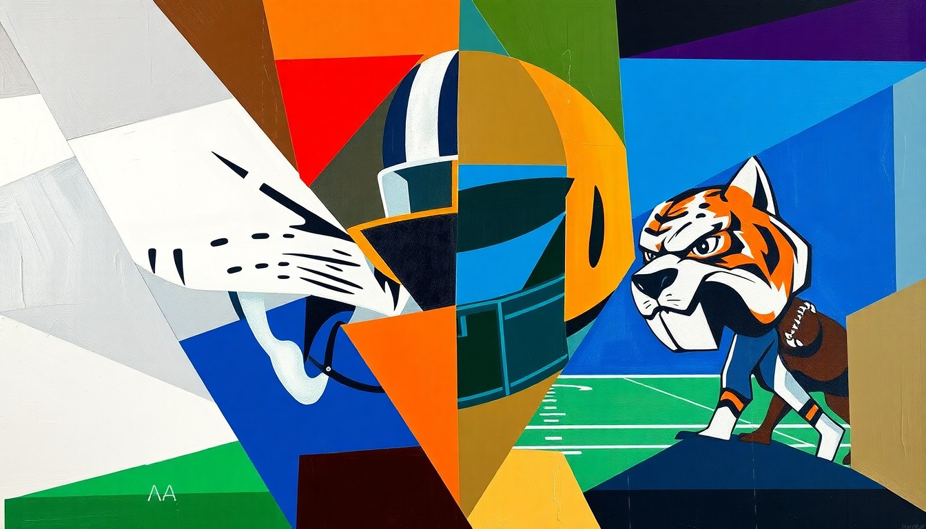 A fractured, cubist-style painting depicting a high school football game, with sharp geometric shapes in the team colors of Gunter and Sulphur overlapping to create a dynamic, multi-perspective visual.