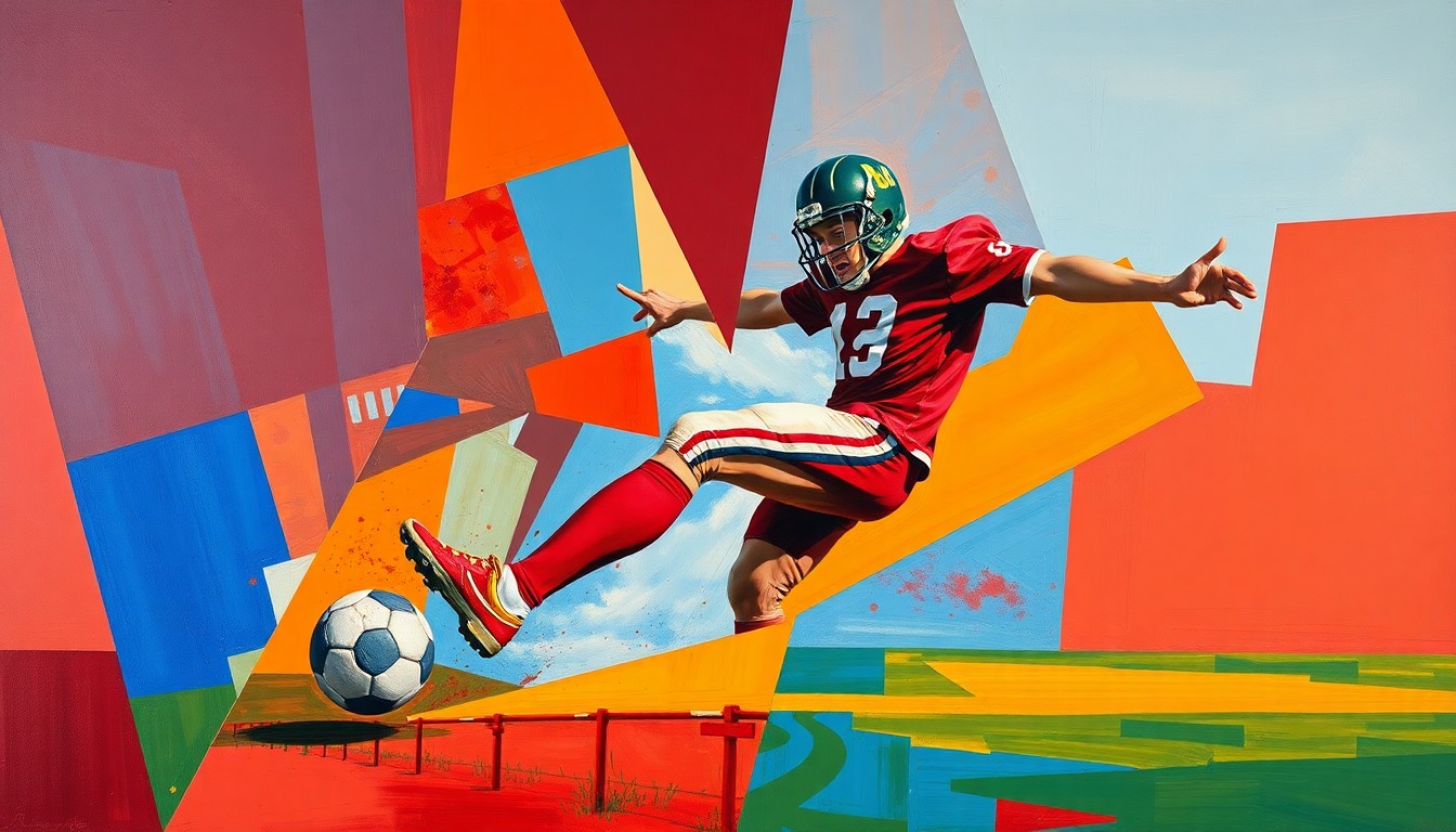 A fractured, cubist-style painting depicting a high school football player kicking a ball, with the action broken down into sharp, overlapping geometric shapes in a palette of crimson, orange, and blue, conveying the energy and dynamism of the sport.