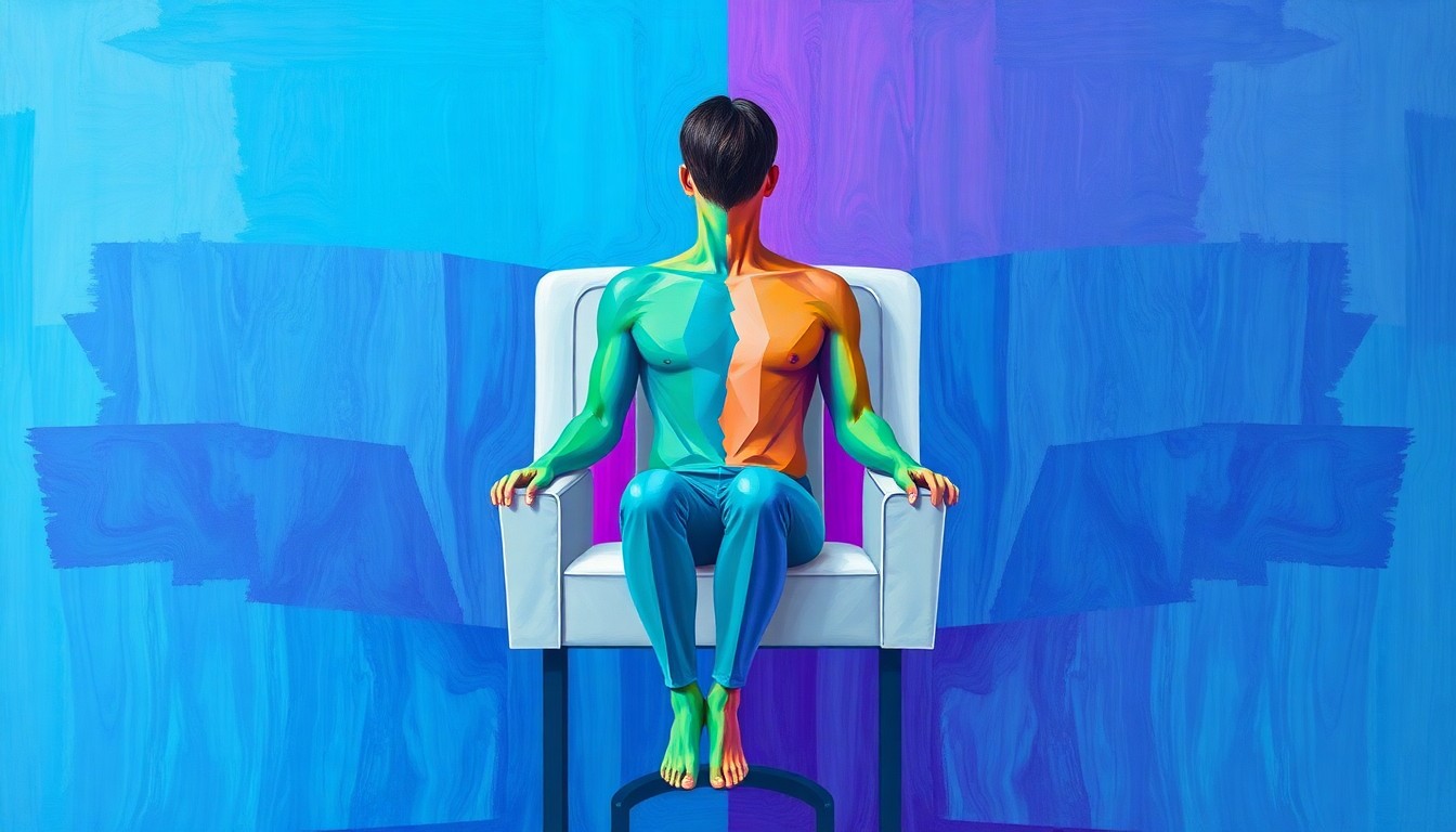 A fragmented, abstract painting of a person in a therapist's chair, their body and limbs repeated in overlapping geometric shapes in shades of blue, green, and purple, conveying the divisive and contentious nature of the debate over conversion therapy.