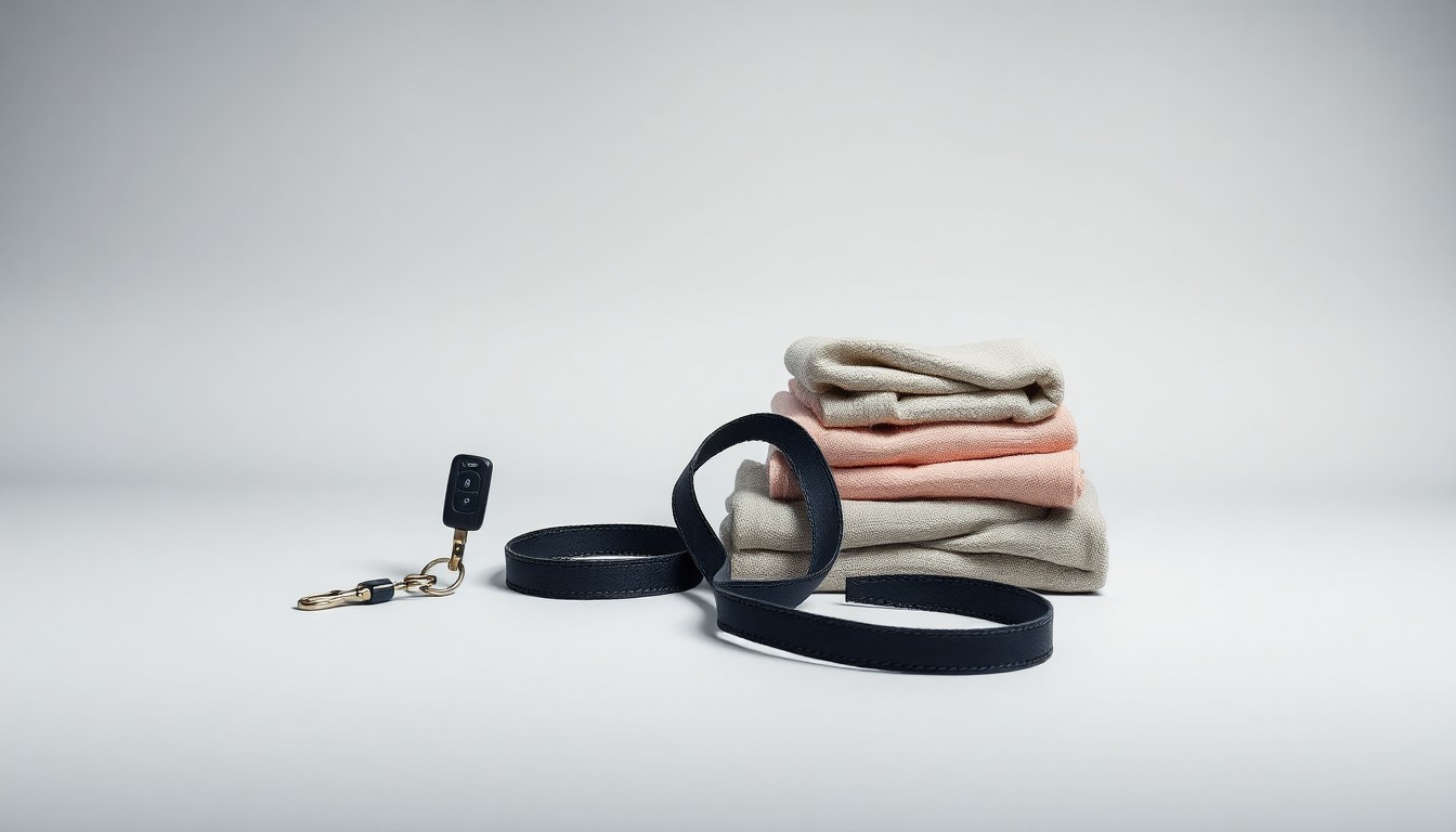 A high-end, photorealistic studio still-life photograph featuring a set of car keys, a dog leash, and a folded stack of laundry arranged elegantly on a clean, monochromatic background, conceptually representing the various gig work activities undertaken by retirees to supplement their income and stay active.