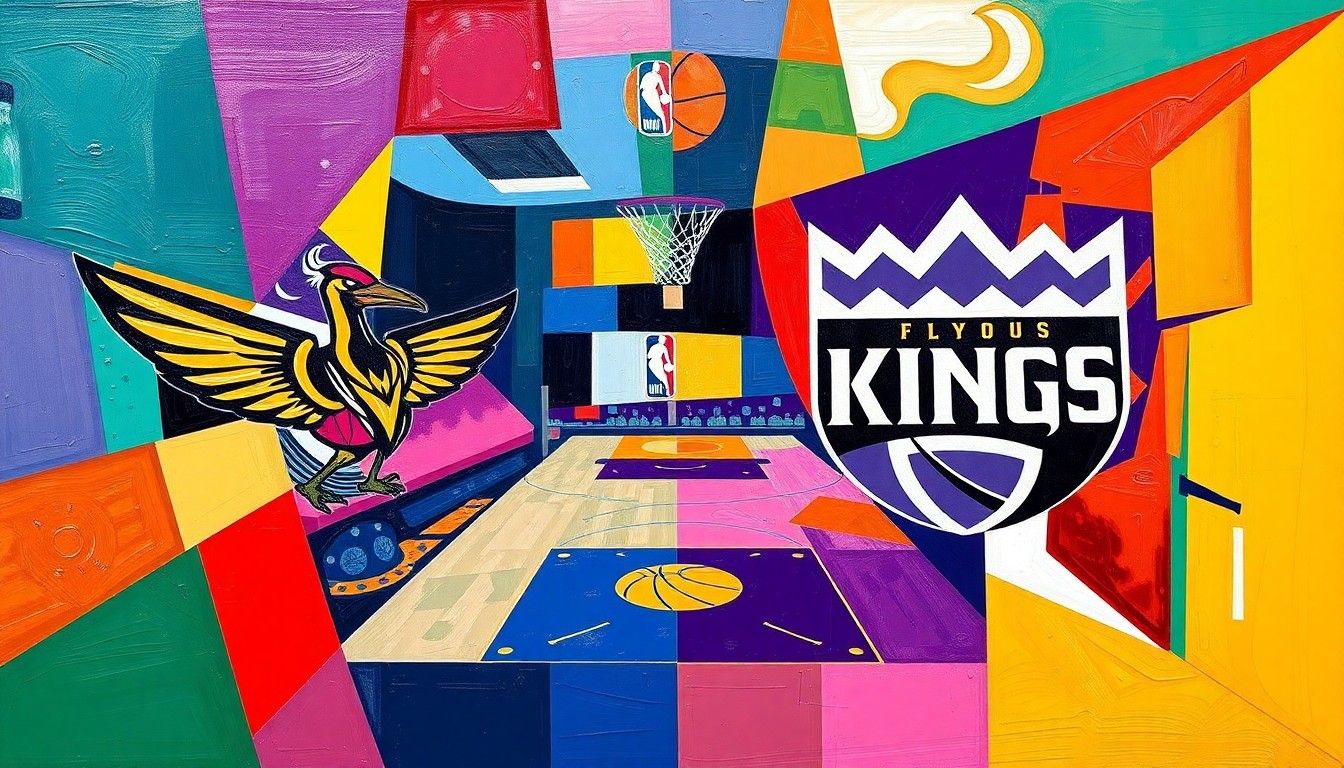 A fractured, multi-perspective painting depicting a basketball game between the New Orleans Pelicans and Sacramento Kings, with the players and court broken down into sharp, overlapping geometric shapes and planes in a cubist style, using the teams' official color palettes.