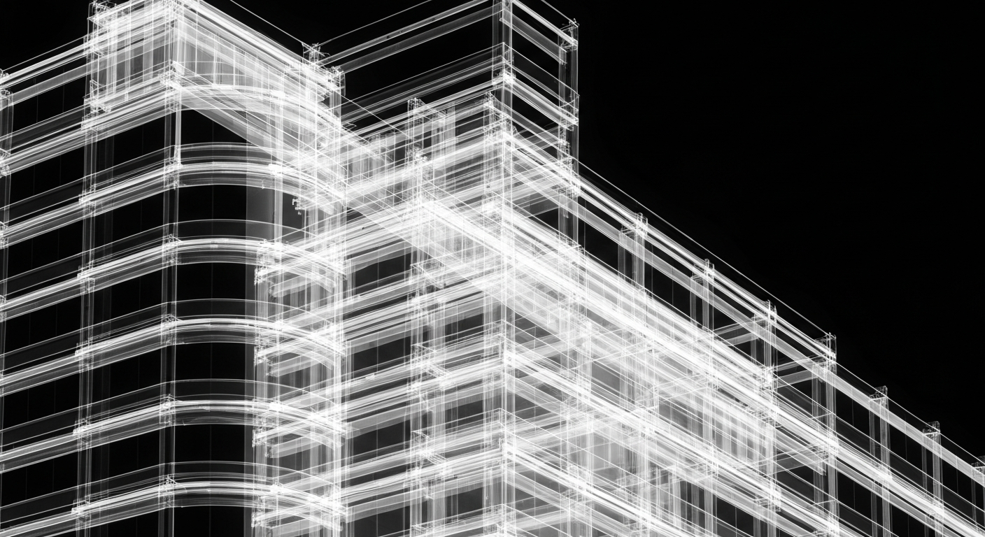 An abstract, translucent X-ray image revealing the intricate inner workings of a hospital building as glowing lines against a dark background, conceptually representing the complex challenges facing new healthcare leadership.