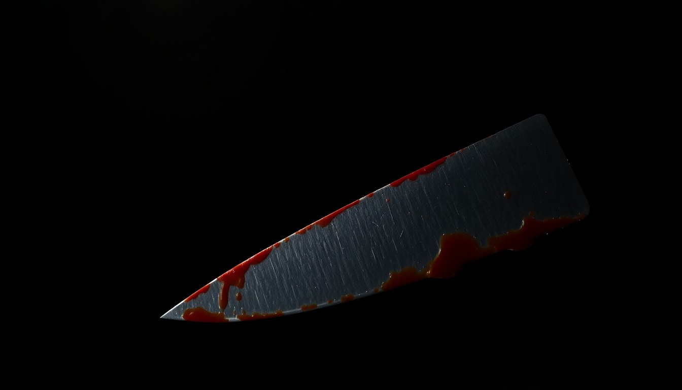An extreme close-up of a bloodied knife blade, creating a stark, gritty, investigative aesthetic that conceptually represents the violent incident at the assisted living facility.
