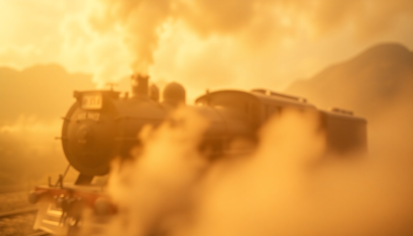 A blurred, impressionistic photograph showing the faint outline of an old steam locomotive engine against a hazy, golden-toned background, evoking the nostalgic atmosphere of the museum's railroad-themed event.