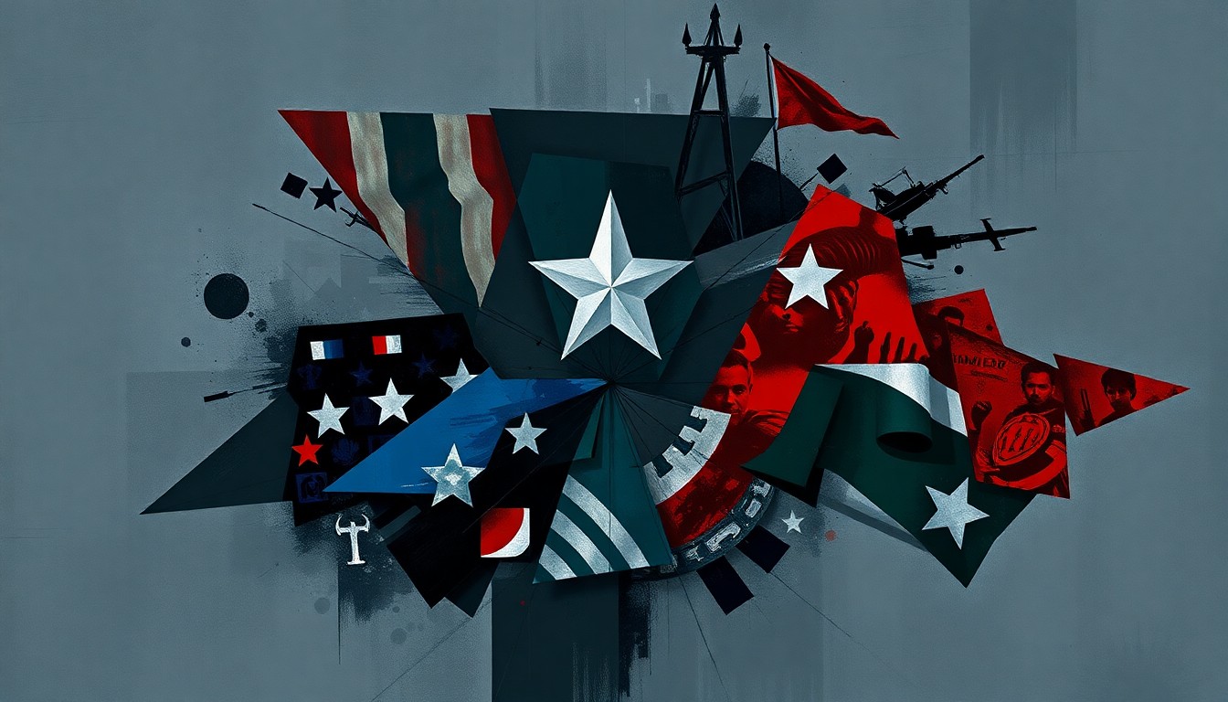 A fragmented, abstract painting featuring overlapping geometric shapes and brushstrokes in shades of grey, blue, and red, representing the political and military turmoil surrounding the Pentagon leadership shakeup.
