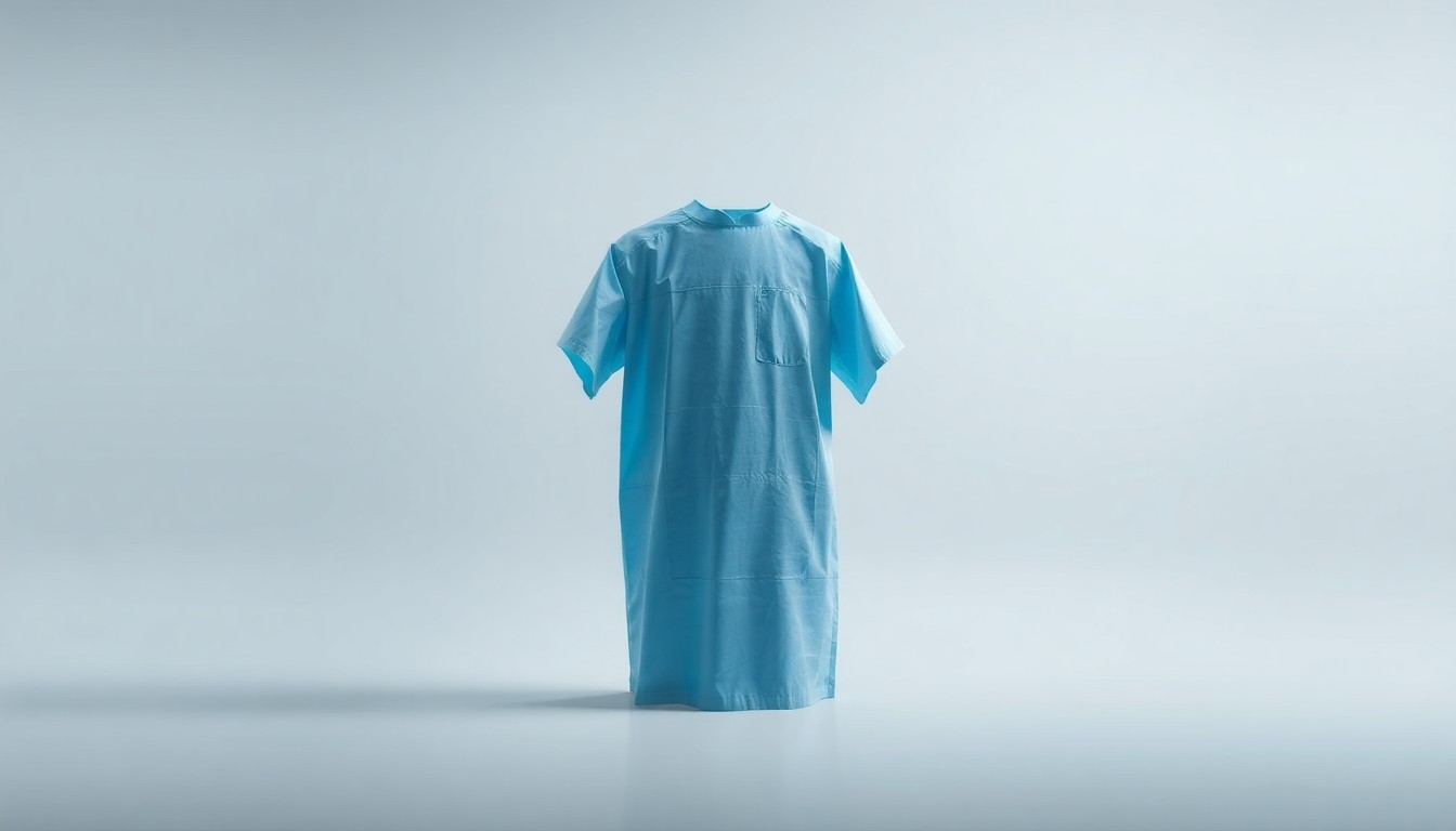 A high-end, photorealistic studio still-life photograph featuring a polished, geometric surgical gown made from premium nonwoven fabric, elegantly arranged on a clean, monochromatic seamless background and illuminated by sharp, dramatic studio lighting and deep shadows, conceptually representing the advanced material science behind modern infection control textiles.