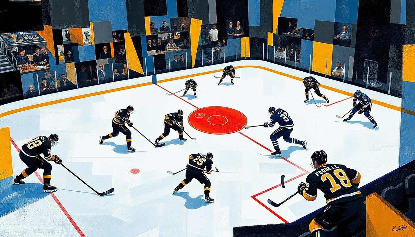 A fractured, multi-perspective painting depicting a hockey game, with sharp geometric planes of ice, sticks, pucks, and players' bodies in the vibrant colors of the Penguins and Lightning uniforms.