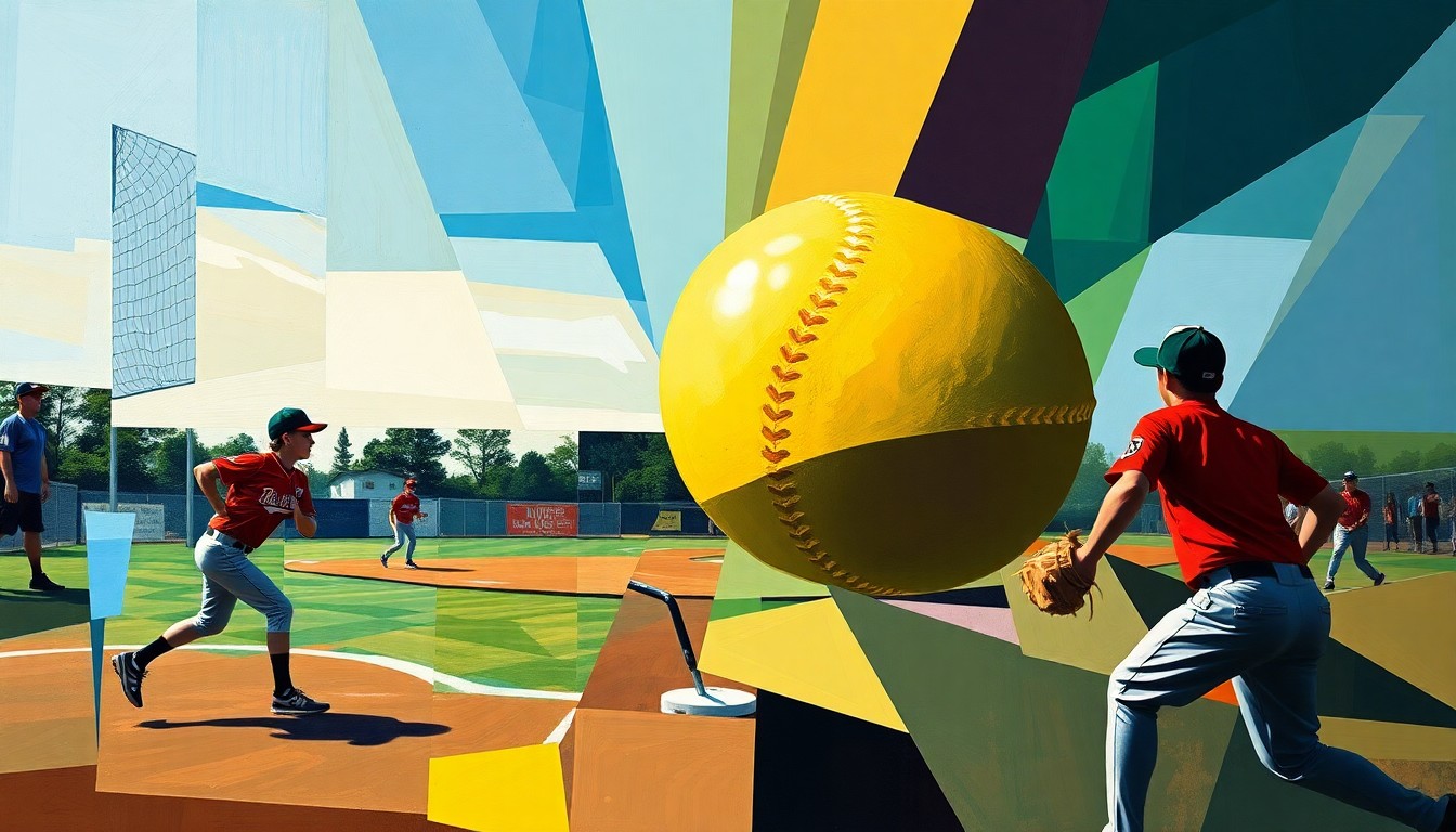 A fragmented, geometric painting depicting the dynamic movements and energy of a high school softball game, with players and the ball rendered as abstract shapes and planes of color.