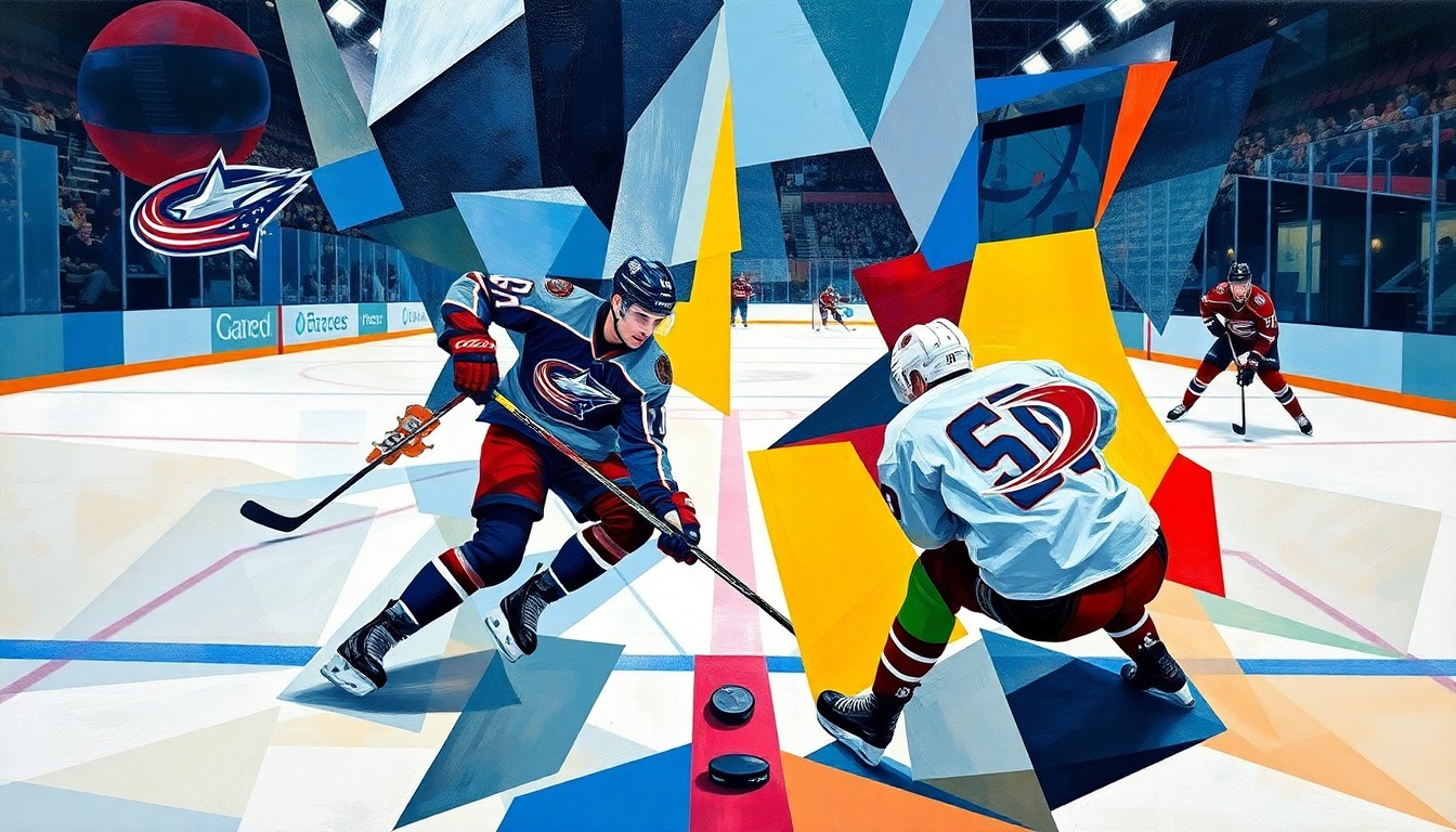 A cubist-style painting depicting a hockey game between the Columbus Blue Jackets and Carolina Hurricanes, with the players and ice surface broken down into sharp, overlapping geometric shapes and planes in a vibrant color palette.