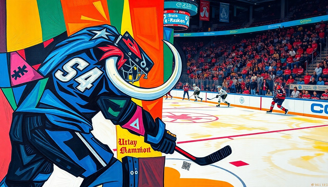 A fragmented, geometric painting depicting the movement and energy of a hockey game, with the colors of the Utah Mammoth and Seattle Kraken teams interwoven in an abstract composition.