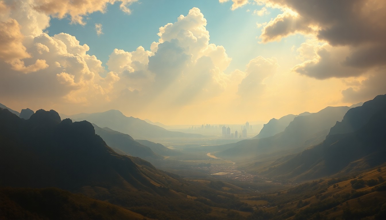 A vast, majestic landscape painting in muted tones of gold, orange, and blue, with the Baltimore skyline barely visible in the distance, dwarfed by the expansive, hazy sky above, conceptually representing the changing weather conditions in the area.
