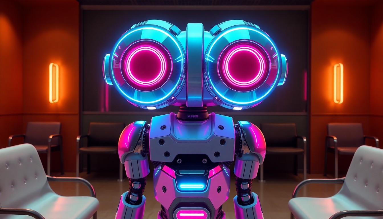 A highly detailed 3D illustration of a glowing, futuristic robot with dual mirrors, positioned in a minimalist waiting room setting, conceptually representing the use of technology to facilitate social interaction between strangers.