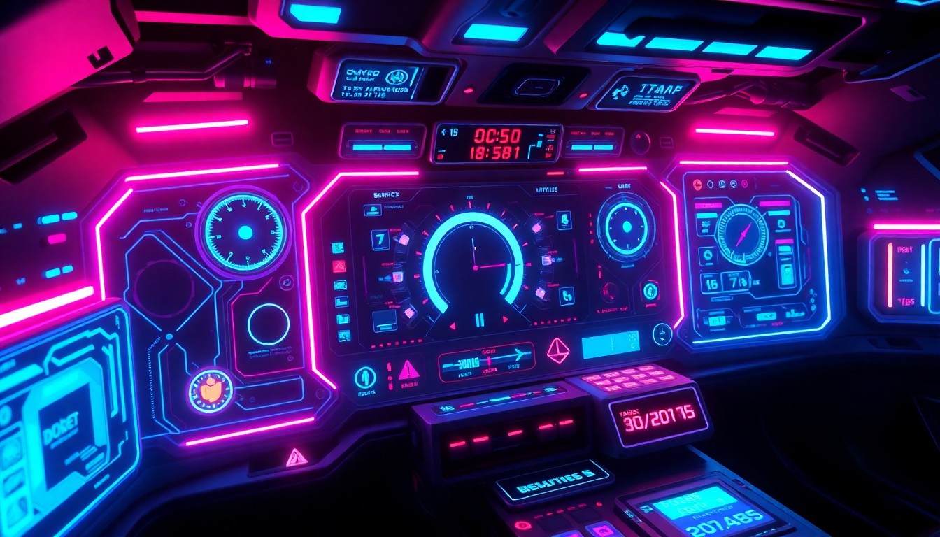 A highly detailed 3D illustration of a glowing, futuristic control panel or dashboard, with neon cyan and magenta lights illuminating the various sensors, displays, and interconnected components, conceptually representing the advanced technology behind the 'cy-trust' framework for autonomous systems.